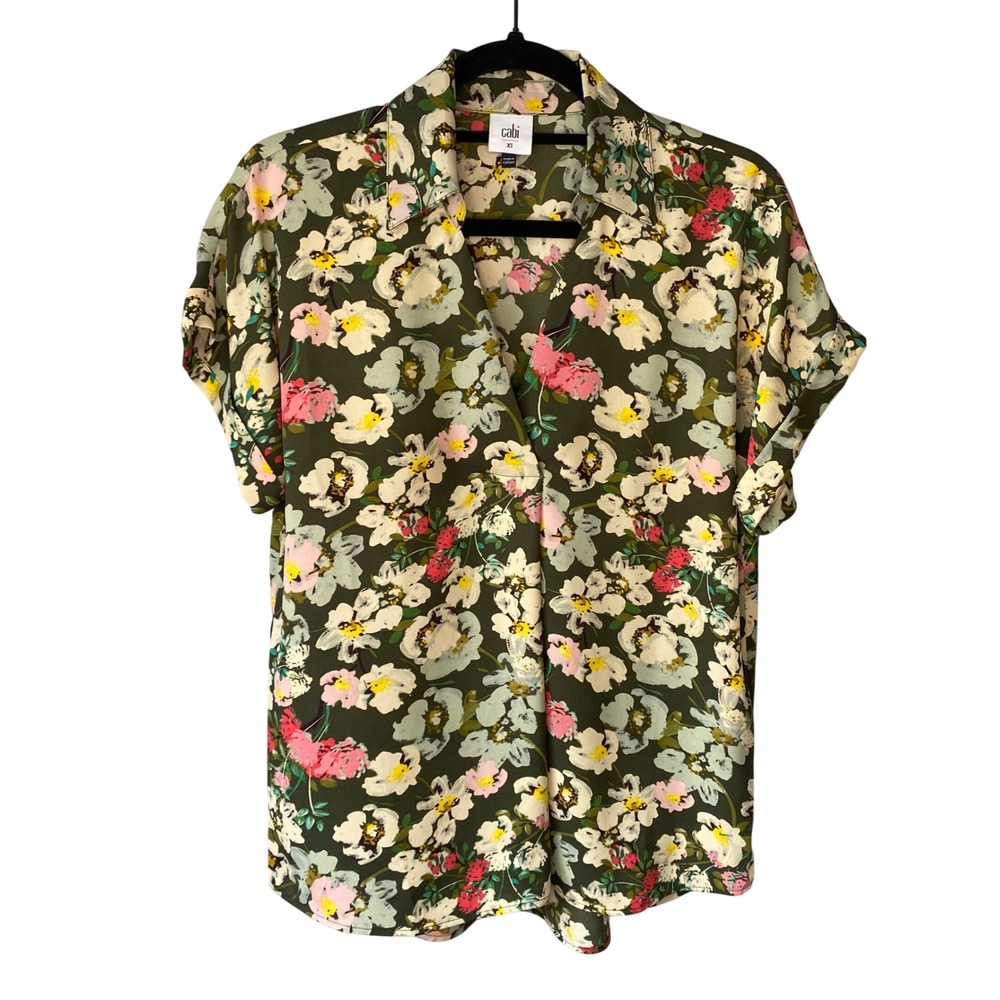 Cabi 6717 Olive Green Floral Surplice V-Neck Cuffed Short Sleeve Blouse XS